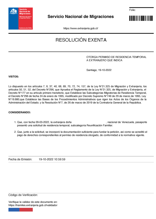 Aprobación de Residencia Temporal Fuera de Chile
